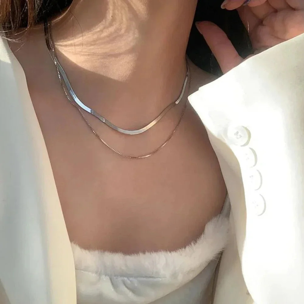 Silver Snakechain Layered Herringbone Necklace
